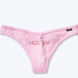 Victoria's Secret PINK Rhinestone Crystal Holiyay Ribbed Thong Panty NWT